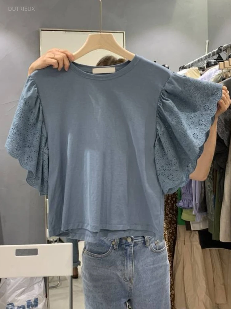 Shirts For Women Fashion Korean T Shirts Patchwork Lace Flying Sleeve Tees 2025 Ropa Mujer Y2k Tops Casual Summer Crop Tshirt