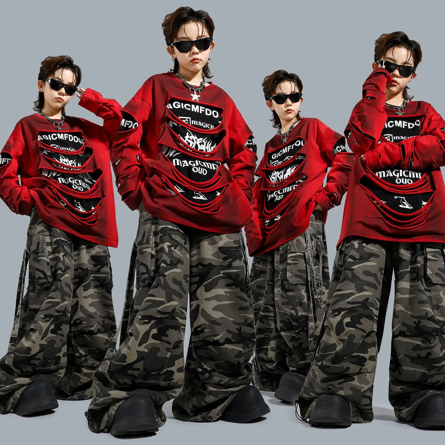 Sweat-shirt rétro Hip Hop pour garçons et filles, pantalon de danse de rue déchiré, ensembles de vêtements K-pop, Costumes de Jazz pour enfants et adolescents, Streetwear