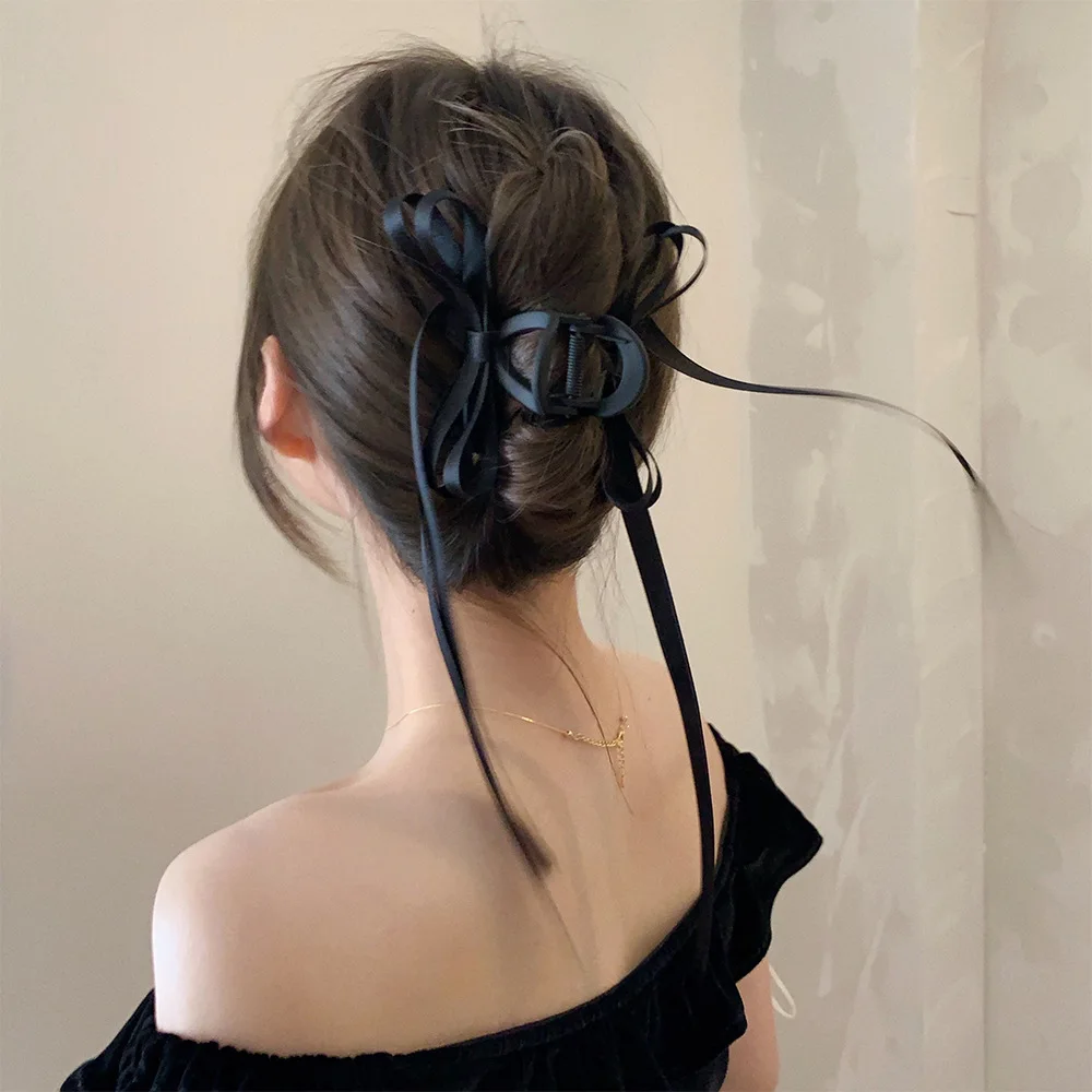 Bow Long Ribbon Hair Claw Clips Elegant Hairpin Women Girl Princess Headdress Fashion Grab Clip Korean Hair Accessories Headwear