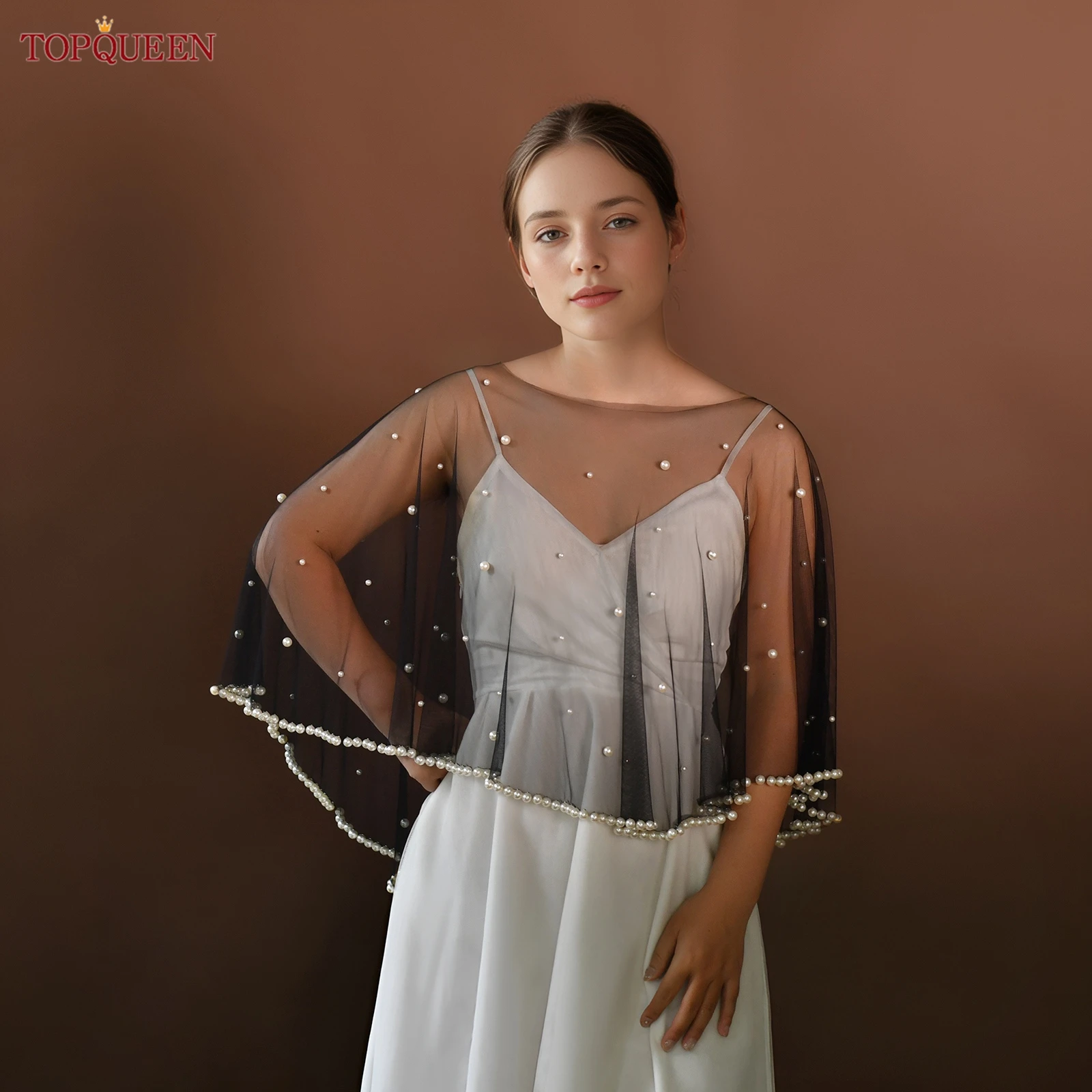 

TOPQUEEN VG128-B Очаровательная короткая накидка для невесты на свадьбу или девичник, блузка-пуловер с жемчугом, женский топ-платье