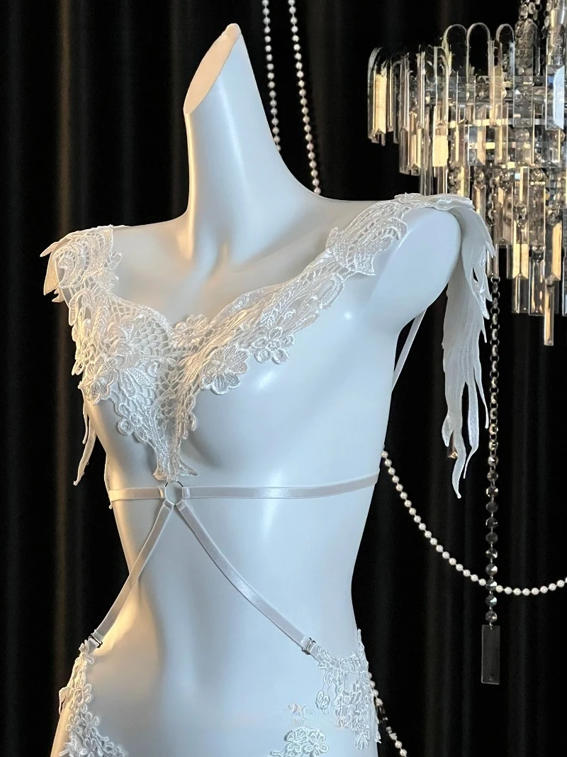 Angel Embroidered Mesh One-Piece Uniform,Pure Desire Light Mature Lace Robe Set,Romantic QQNY Lingerie for Women