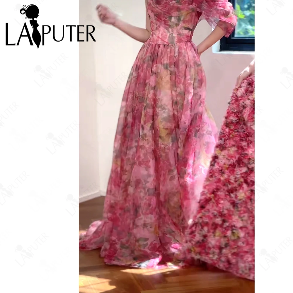 طباعة الأورجانزا الوردي الأزهار فستان الحفلة الراقصة ألف خط قبالة الكتف Ruched ثوب مسائي صندوق الطية ألف خط الجنية فتاة فستان رسمي 2025 #4