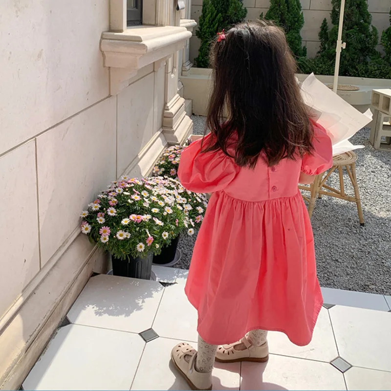 Girls\' Dress Flower Solid Color Square Neck Puff Sleeve Dress Sweet Princess Dress 2023 Summer New Fashion Children\'s Clothing