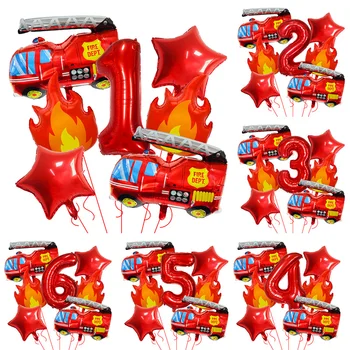 7PCS Fire Truck Themed Flame Number Foil Balloons Set Kids Birthday Party Decorations…