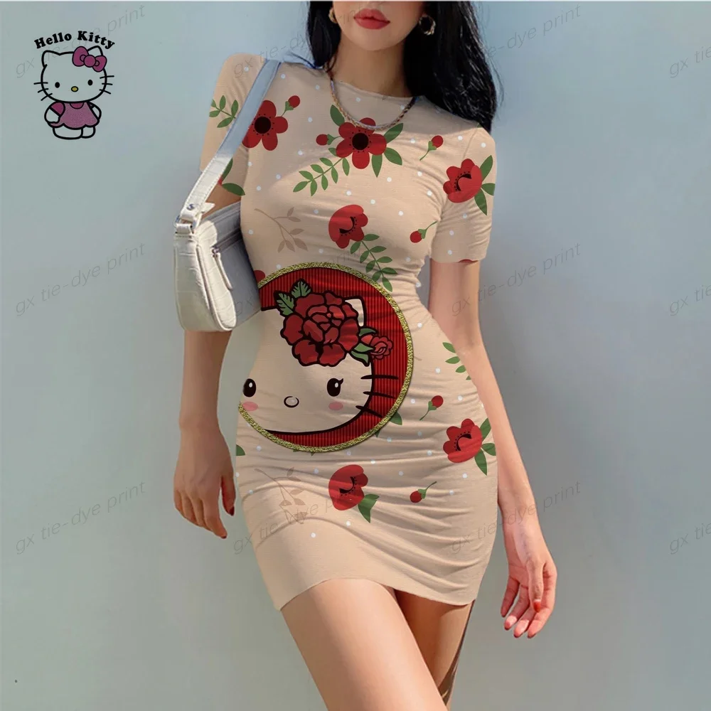 Vestido Hello Kitty 3D para mulheres, senhora, meninas, bodycon sexy, o-pescoço, manga curta, bolinhas finas, mini vestidos lápis, verão, 2024