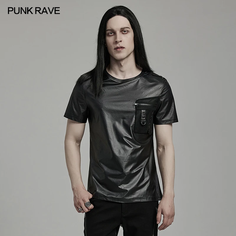 

PUNK RAVE Men's Punk Tech Wear Mesh T-shirt Fitted Short Sleeved Silhouette Handsome Tops Streetwear Summer