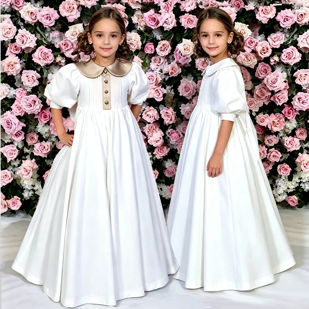 Robe de demoiselle d'honneur blanche personnalisée pour fille avec col Peter Pan bleu, manches bouffantes, jupe bouffante en coton vintage pour mariages, fêtes