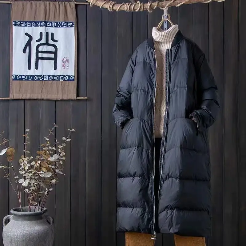 

Ultra-Value Off-Season Baseball Sle down Jaet Knee-Length Stand Collar Mid-Length Faionable Loose Women's Coat