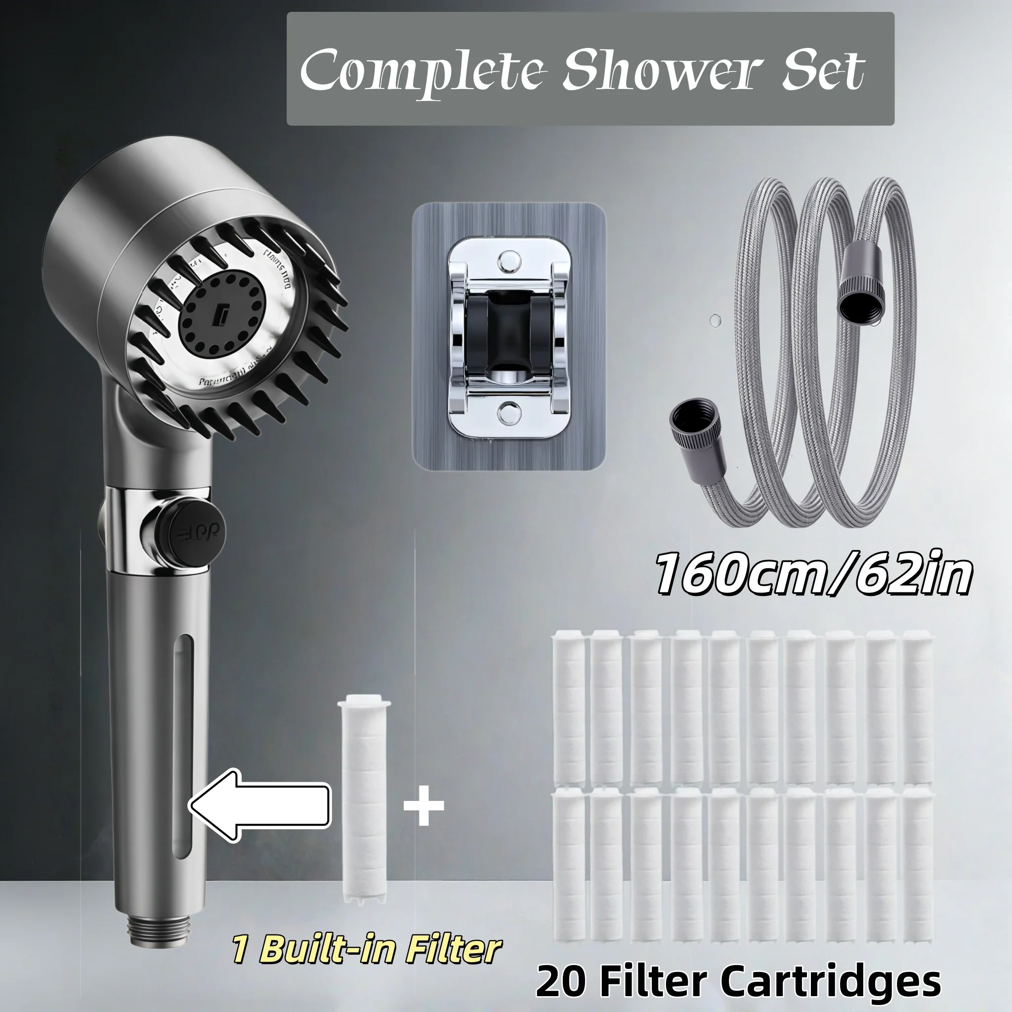 Gray High Pressure Shower 3 Spray Modes One-Click Water Stop Punch-Free Bracket & 62in Hose 20/15/10 Replacement Filters