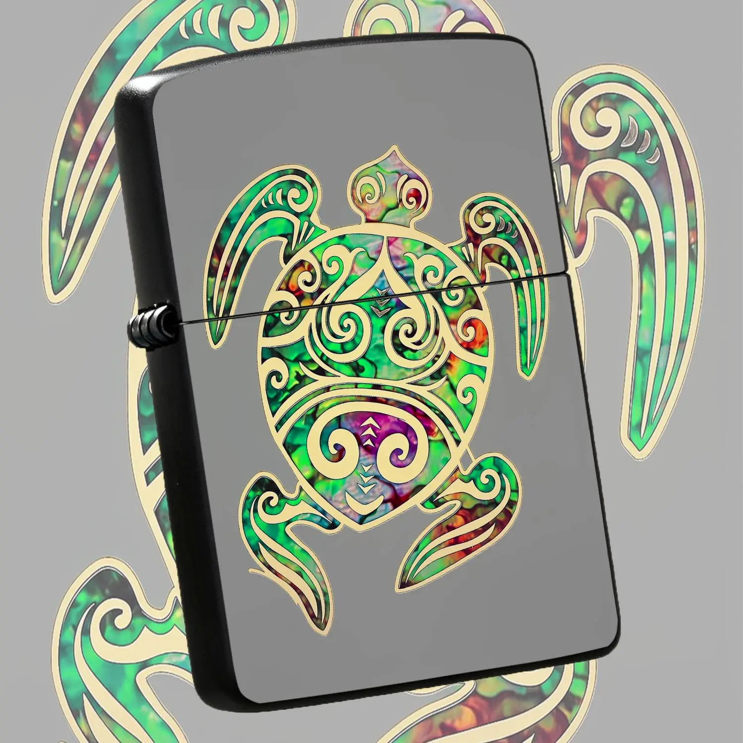 Vibrant Tribal Sea Turtle Pattern Lighter, Exquisite Gold-Outlined Aboriginal Totem Design, Colorful Iridescent Inlay Craft, Portable All-Scene Daily Use Igniter For Candle Camping Outdoor Hiking, Unique Creative Decora A Humorous And Inter