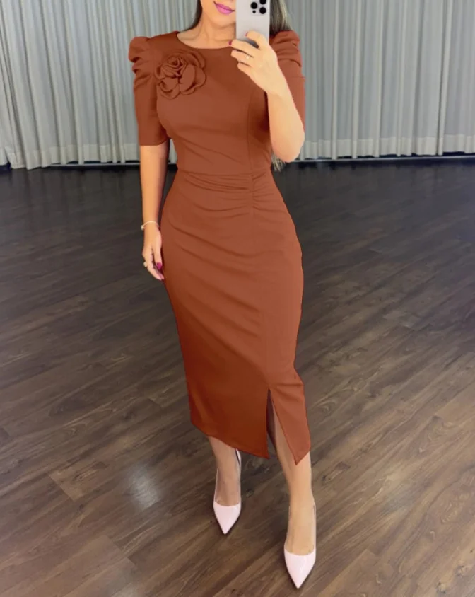 

Women's Dress 2025 Spring Summer Latest Round Neck Puff Sleeve 3D Flower Decor Bodycon Long Skirt Casual Ruched Slit Mid Dress