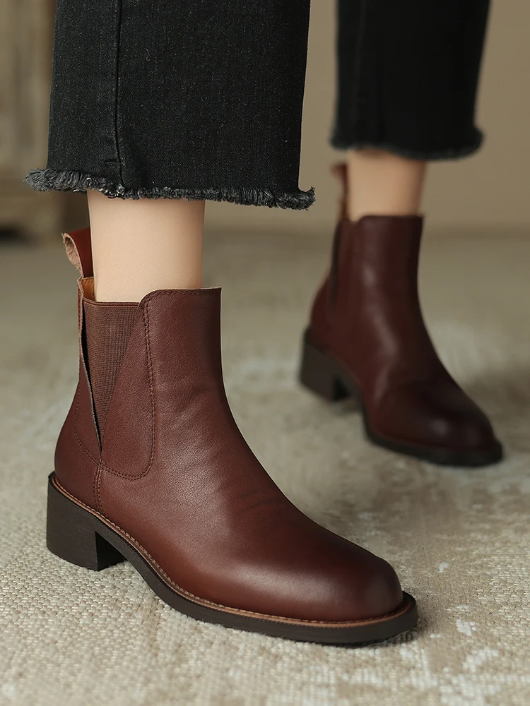 Genuine Leather Women Chelsea Boots New 2024 Spring Autumn Round Toe Ankle Boots Black Brown Retro 4.5CM Mid Block Heeled Shoes