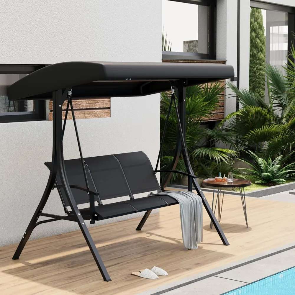 

3-Seat Outdoor Patio Swing Chair, Porch Hanging Bench with Adjustable Canopy, Armrests & Breathable Textilene, Customized