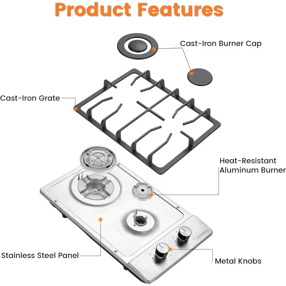 Fogão a Gás Embutido de Aço Inoxidável de 12 Polegadas com Conversão NG/G e Proteção Térmica