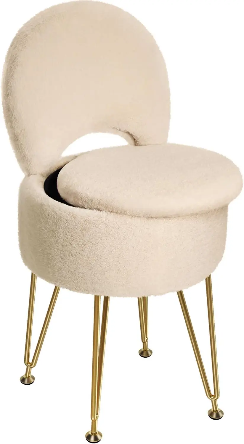 

Small Vanity Stool Chair with Storage, 13' x 17.7', Faux Fur Ottoman, 4 Metal Legs, Anti-Slip Feet, Padded Seat, Camel