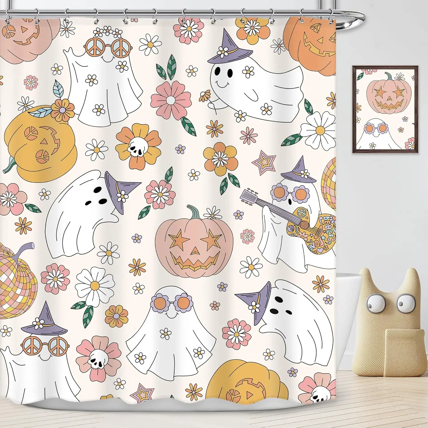 Halloween Shower Curtain Skull Flowers White Cute Ghost Pumpkins Spider Bats Bathroom Decor Fabric Bath Curtains with Hooks