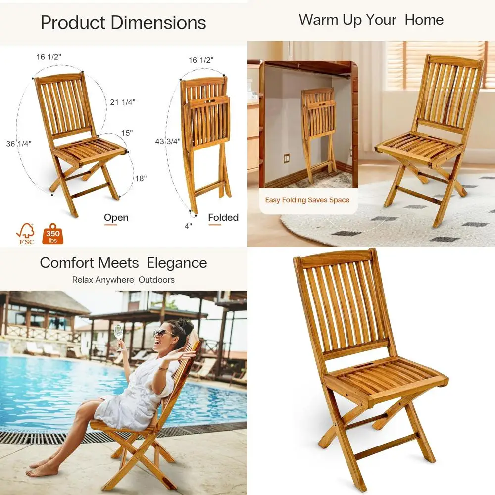 

Стул из тикового дерева с предварительной обработкой, компактный дизайн, не требует сборки, эргономичное сиденье с ламелями для комфорта, идеально подходит для патио, Га