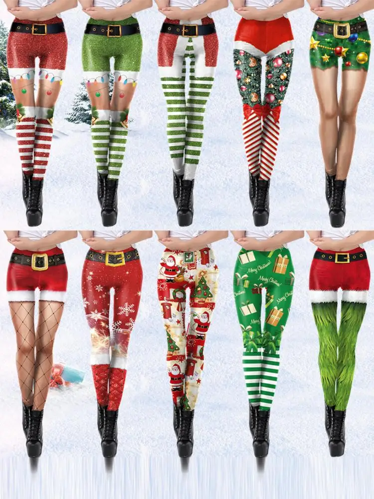 NADANBAO wesołych świąt legginsy dla kobiet zielone białe spodnie we wzór w paski Xmas Party spodnie dziewczęce seksowne rajstopy Fitness Workout — zdjęcie 2