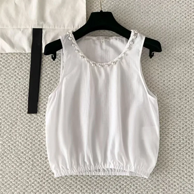 

Индивидуальный пошив: Новая коллекция 2026 года, летняя женская блузка без рукавов из хлопка и шелка с пайетками, белая, в европейском стиле