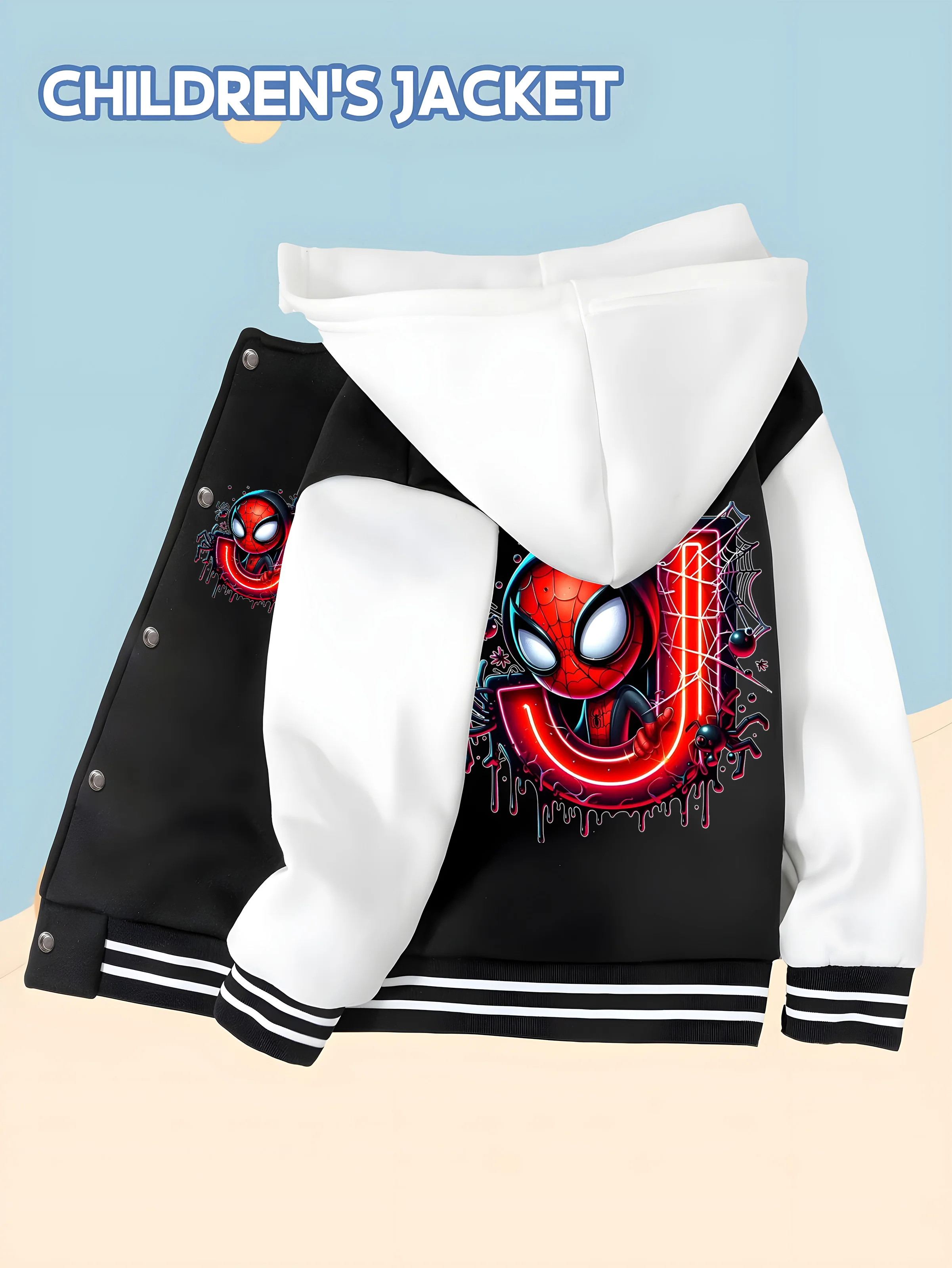 

MINISO Letter graffiti Spider-Man boy's baseball jacket personalized letter printing, black and white stitching trend, trendy de