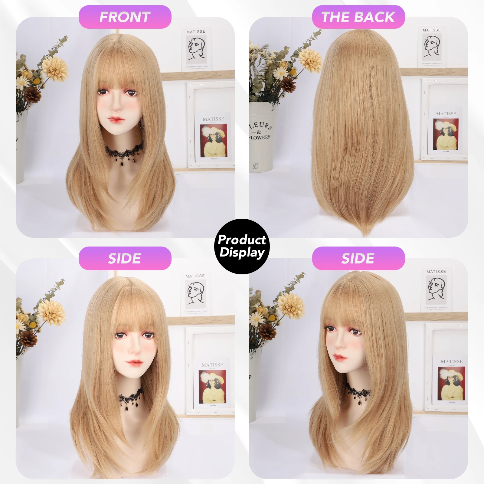 MEISU 22 Inch Long Straight Bangs Wig Fiber Synthetic Wig Heat-resistant Non-Glare Natural Cosplay Hairpiece For Women Daily Use