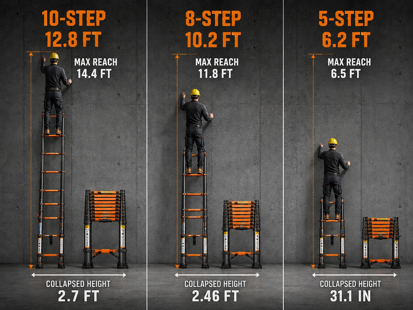 Telescoping Ladder Heavy Duty Compact Extension Ladder with Non Slip Feet Safety Locking Mechanism Portable Stable Retractable Design for Home Maintenance RV Use Outdoor Construction Warehouse Storage Painting Window Cleaning Garage DIY Projects