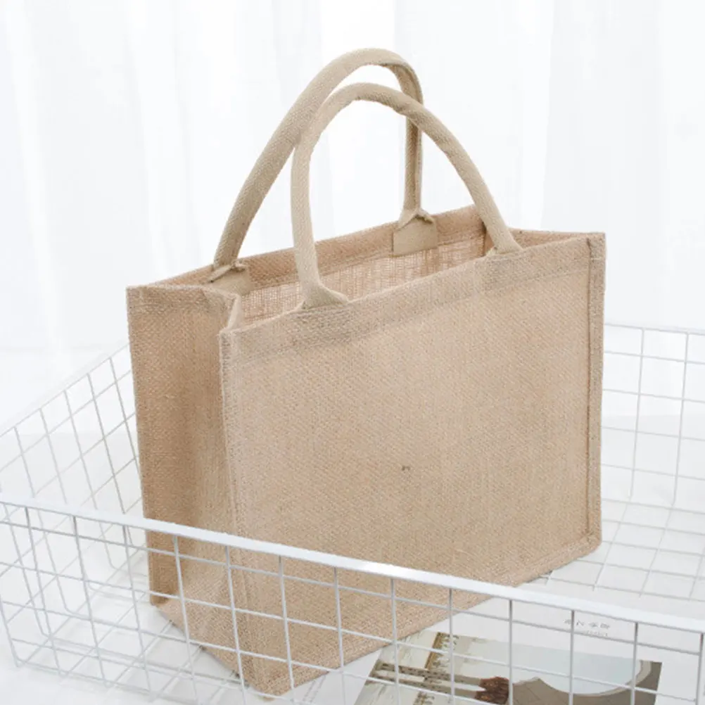 

Burlap Tote Bag Reusable Jute Shopping Pouch Khaki Linen Lightweight Portable Eco Friendly Storage Bag Waterproof PE Film