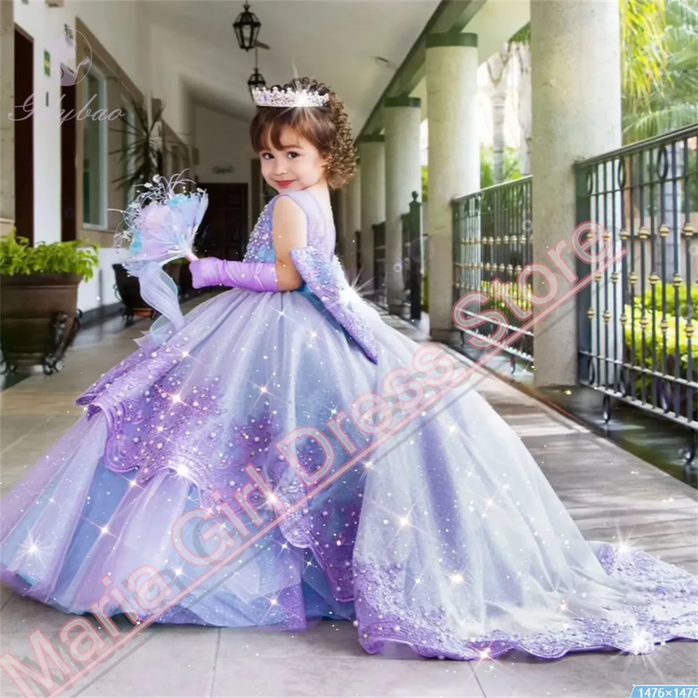 New Flower Girl Dresses Lavender Appliqué Fluffy Bow Kids Birthday Beauty Pageant Party Girl' Pageant Dress