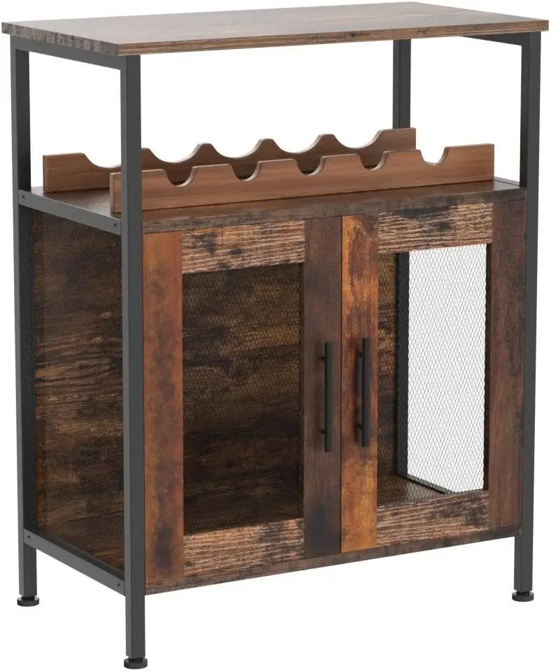 Rustic Brown Wine Bar Cabinet with Detachable Rack, Glass Holder, Mesh Door and Adjustable Feet for Kitchen or Dining Room