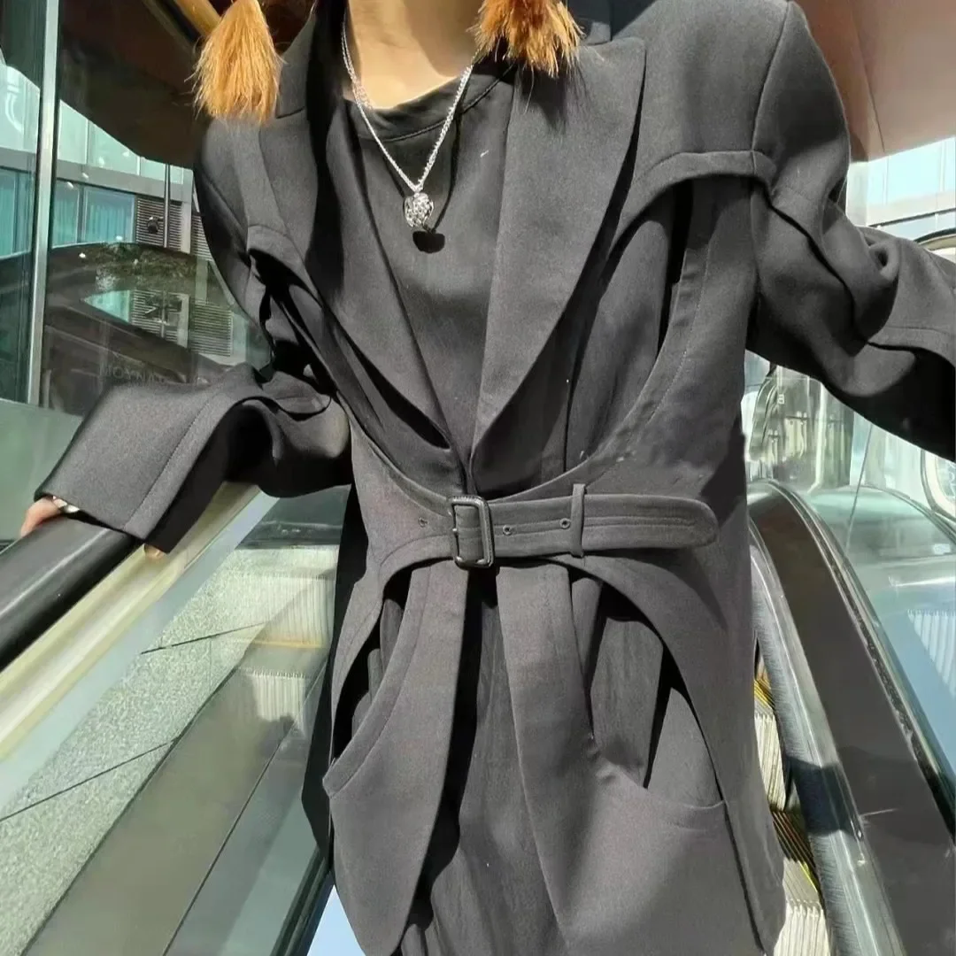 Ladies Women Suit Blazer Jacket With Belt Sexy Hollow Female Business Work Wear Long Sleeve 1 Piece Coat