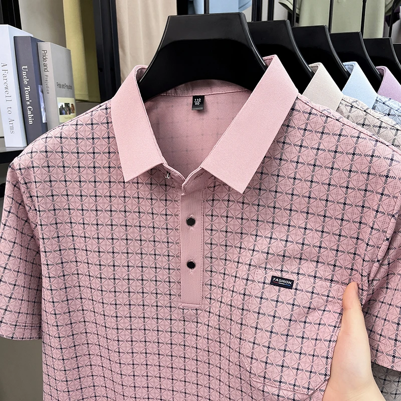 Herren Kurzarm-Poloshirts mit Diamant-Jacquardmuster, klassische Passform, lässige Oberteile, weiche, bequeme, modische Hemden für Männer – Detail 6