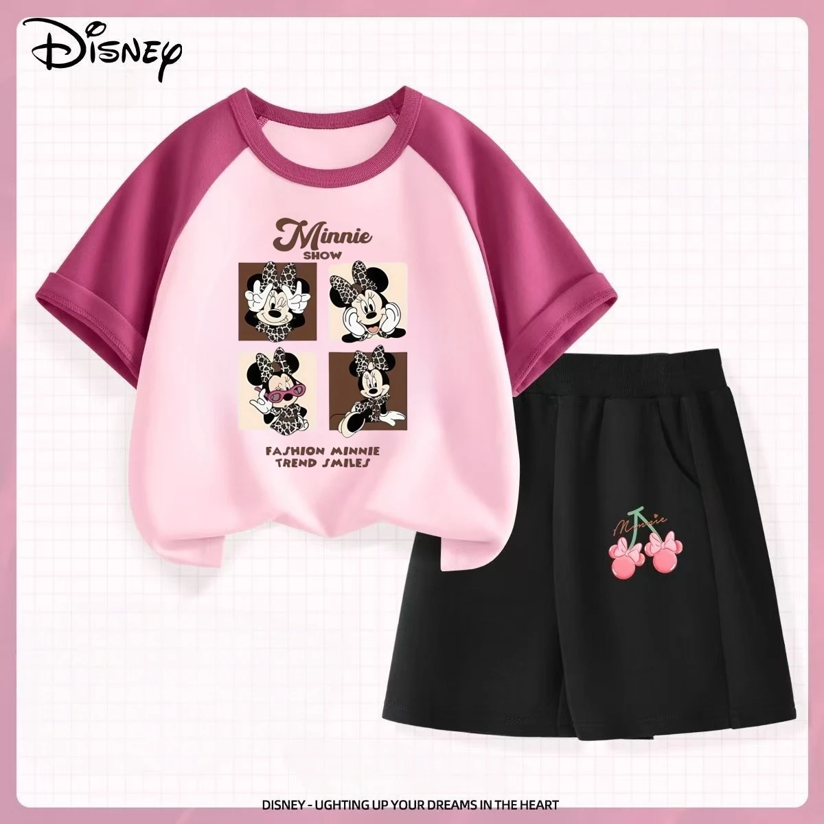 

Летний комплект одежды для маленьких девочек DISNEY, детские модные футболки с принтом Минни Маус, топ и шорты, детские спортивные костюмы с короткими рукавами из 2 предметов