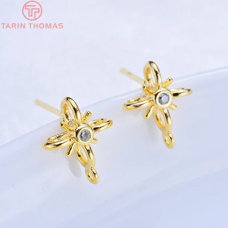 (2207)6PCS 11x9MM 24K Gold Color Brass with Zircon Flower Stud Earrings High Quality Diy Jewelry Findings Accessories