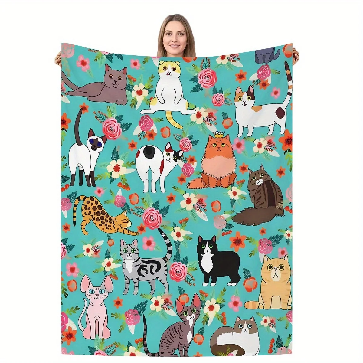Cyan Base Various Cartoon Cats Colorful Floral Flannel Throw Blanket, Soft Warm Sofa Cover, Pet Gift For Bedroom Daily Rest Use