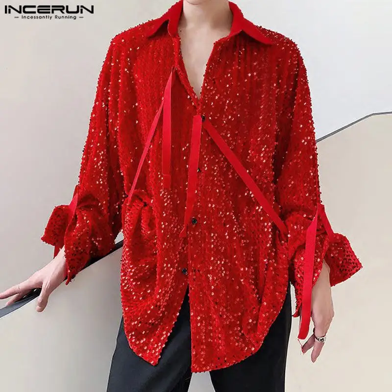 INCERUN-Camisa transparente irregular de lantejoulas masculina, lapela espumante, manga comprida, roupas de festa, moda streetwear, 2024