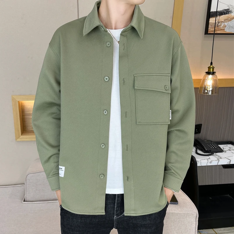 

Long Sve Casual irt Thin Sle Men's Workwear Jaet Spring Autumn Trendy Youth Faion Polyester Fiber Stand Fit