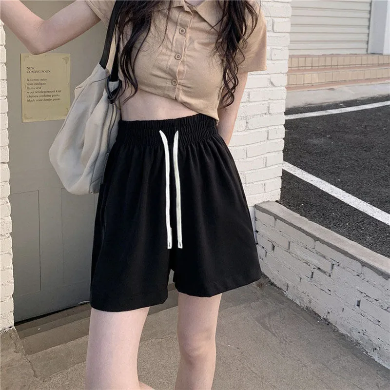 Xpqbb Summer Black Shorts for Women Casual Loose Elastic Waist Sports Shorts Woman Korean Street Drawstring Wide Leg Short Pants