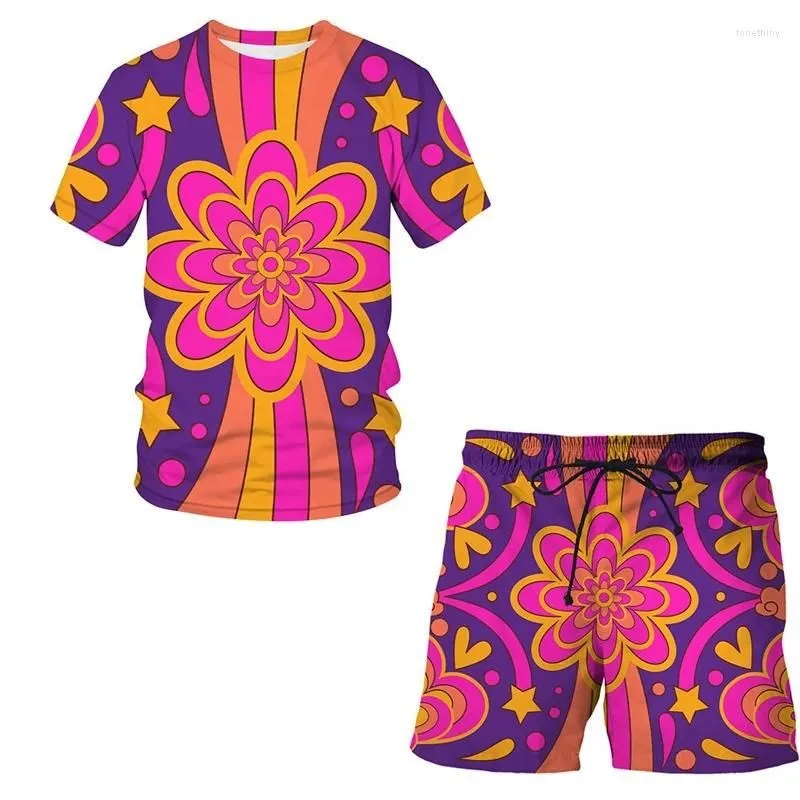 New Men's Sets Summer Casual Short Sleeve Fun 3D Printing Graffiti Art Painting Pattern O-Neck T-Shirt Shorts Two Piece Sets