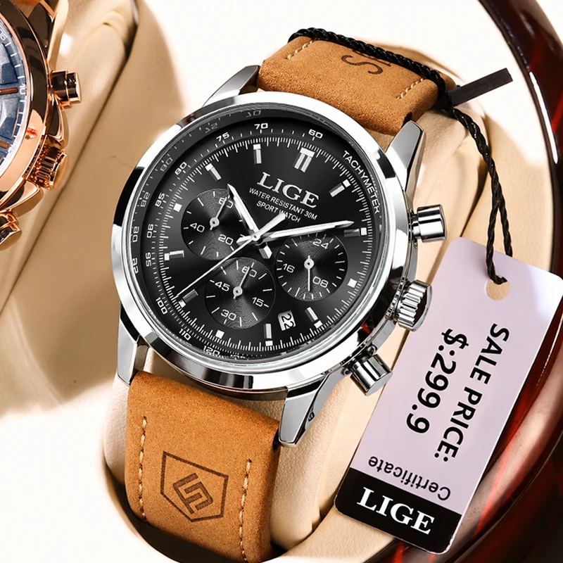 LIGE Top Brand Men's Quartz Wristwatch Waterproof Luminous Chronograph Military Man Watch Luxury Fashion Leather Watches For Men