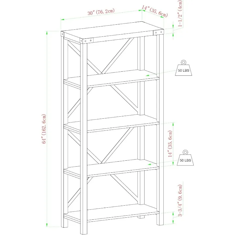 4 shelves Andersen Urban Industrial Metal X Back Bookshelf, 64 Inch, White Oak