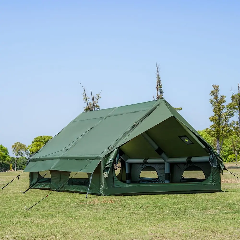 Inflatable Camping Tent with Hand Pump Waterproof Outdoor Blow up Tent Oxford 4 Season Air Tent Cabin House with Mesh Windows