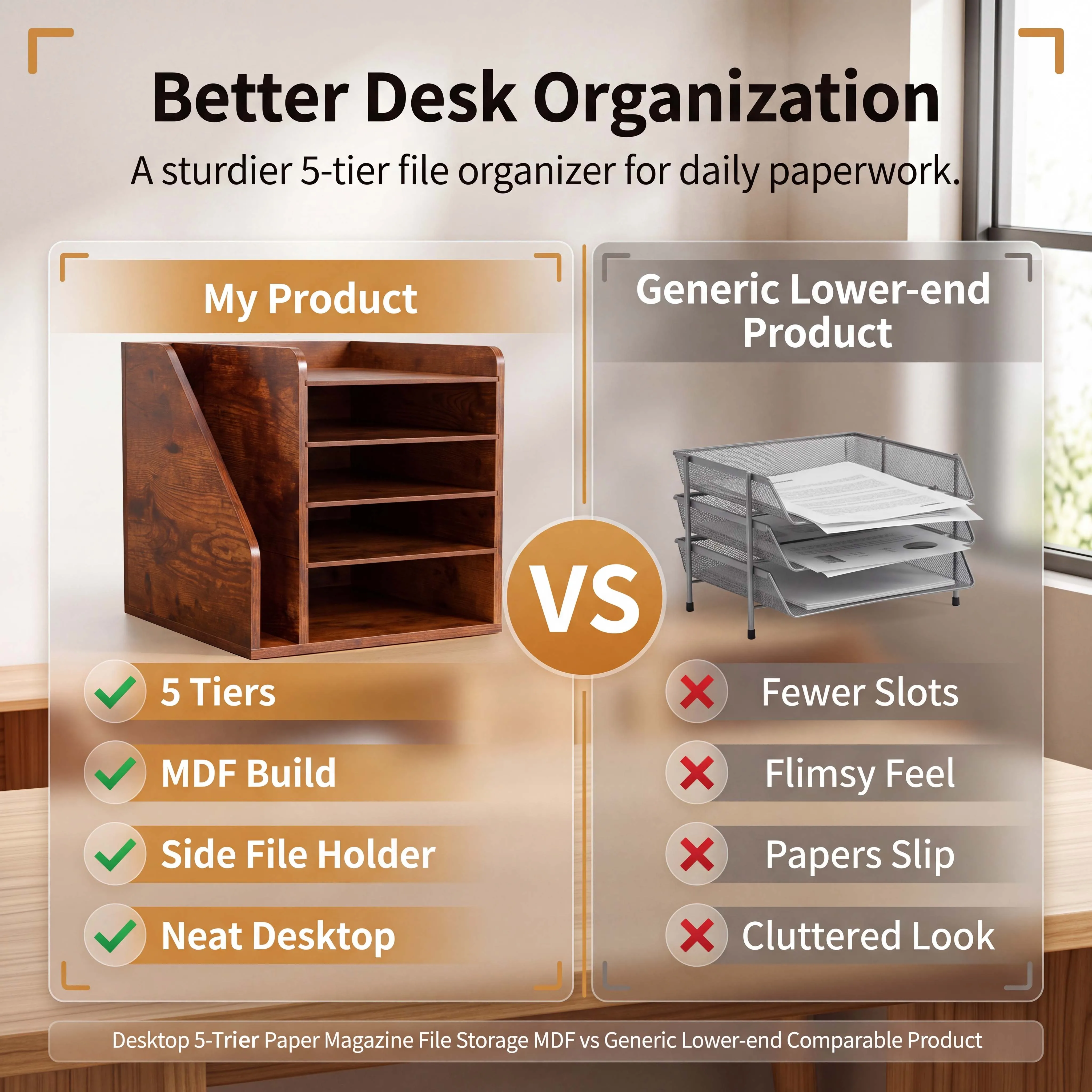 Engineered Wood Rectangle File Storage Box Desktop 3 Adjustable Shelves Mail Paper Sorting Magazine Organizer Pristine Brown New Office Desktop File Basket Management Rack Wooden Storage Box Drawer Dorm Desk Shelf