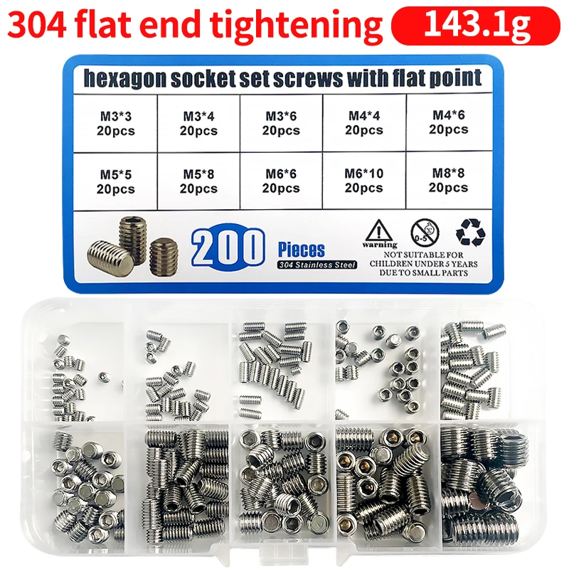 200pcs/Box M3 M4 M5 M6 M8 Set Grub Screw Metric Headless Hex Allen Socket Head Bolt Assrotment Kit Set 304Stainless Steel