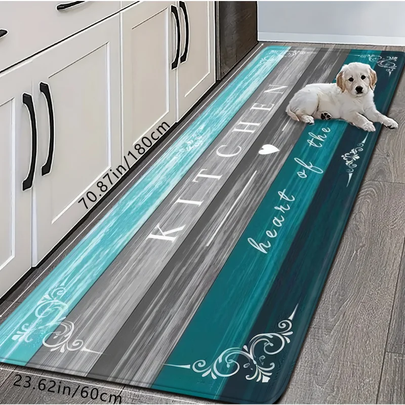 VIKAMA KITCHEN Letter Teal Wood Grain Print Kitchen Floor Mat Set Non‑Slip Waterproof Soft Rug for Kitchen Home Decoration