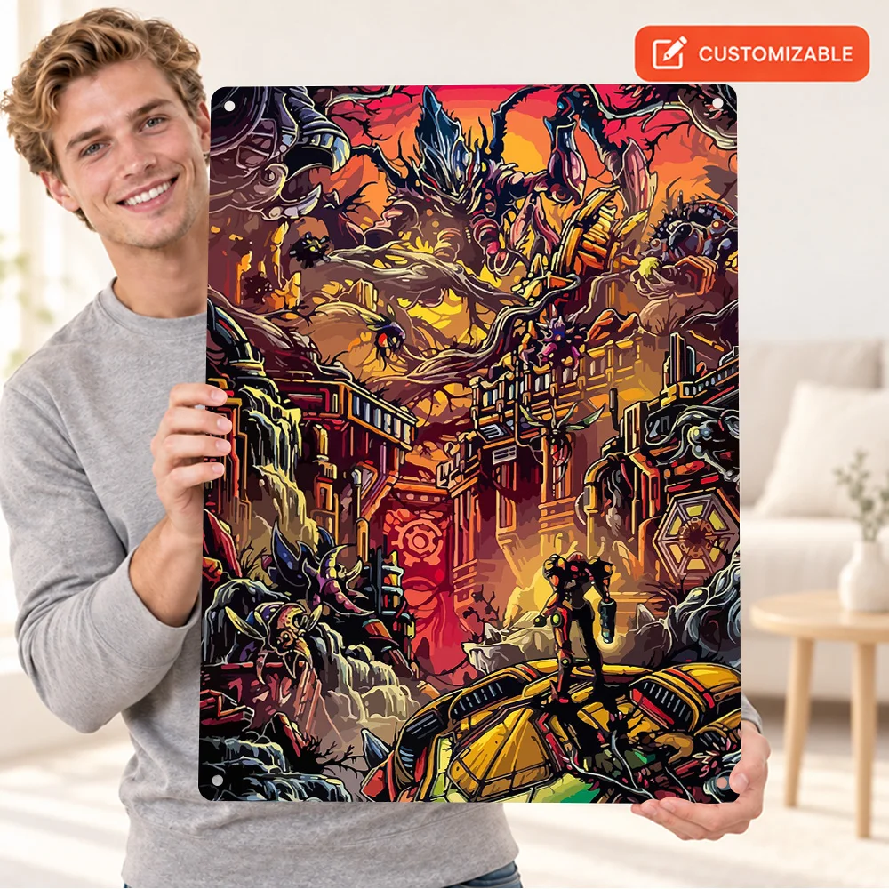 Metroid Samus Game Printed Poster Personalized Aluminum Metal Sign Vibrant Graphic Design Wall Art For Gaming Room Gamer Gift