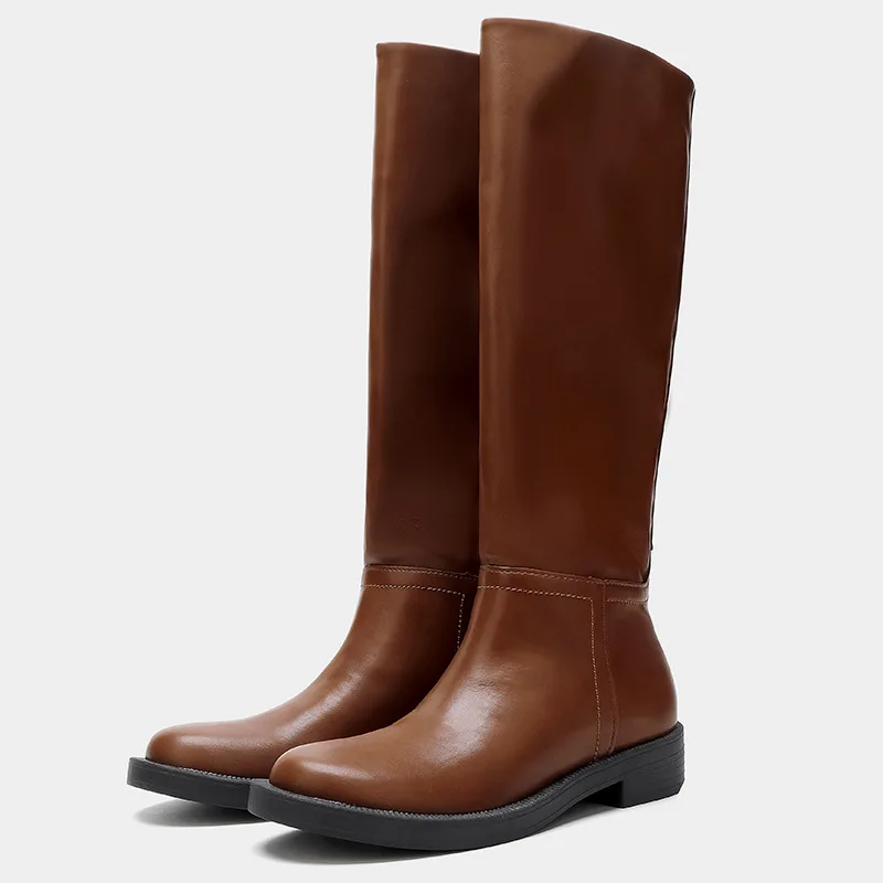 

Brown Leather Designer Women Knight Boots Round Toe Fashion Winter Long Boots Female Low Heel Waterproof Knee High Boots Women