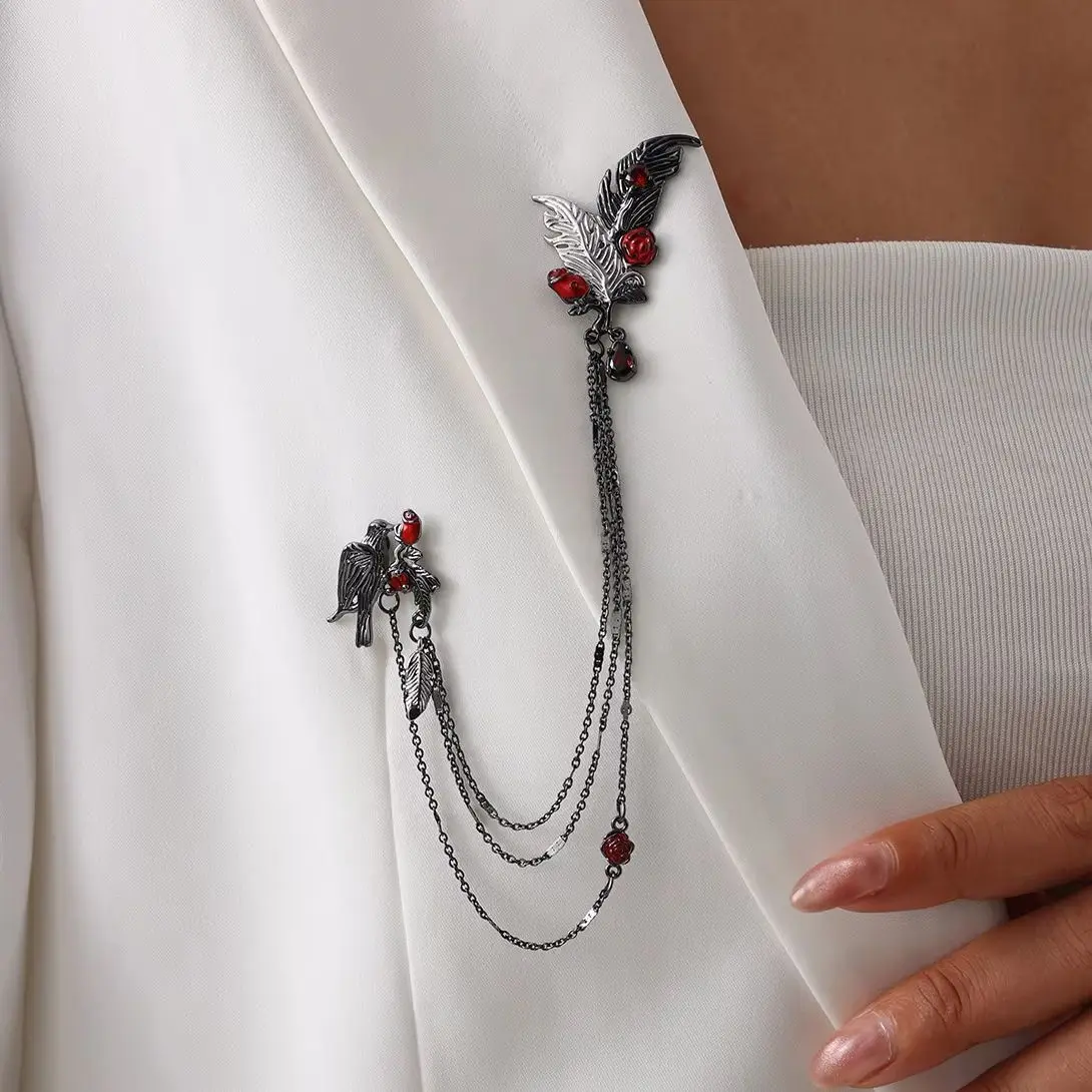 KunJoe New Gothic Black Crow Feather Brooch Neutral Tassel Chain Women Vintage Red Crystal Suit Shirt Brooches Halloween Jewelry