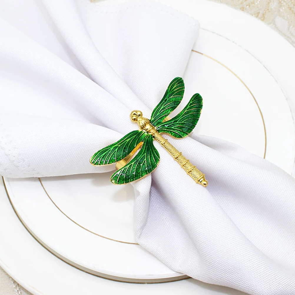 

4pcs Rings Dragonfly Design Green Metal Serviette Holders Resistant To Deformation Long-Lasting For Wedding Party Holiday Dinner