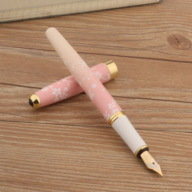 Ink Metal Fountain Pen, Pink Flowers F Nib, Material para Escritório e Negócios, Material Escolar, 83, 1Pc + 10 Pcs