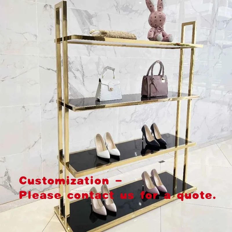 

Элитный многоуровневый металлический стеллаж для магазина, глянцевая подставка из нержавеющей стали золотого цвета для демонстрации обуви и сумок, витрина-полка.